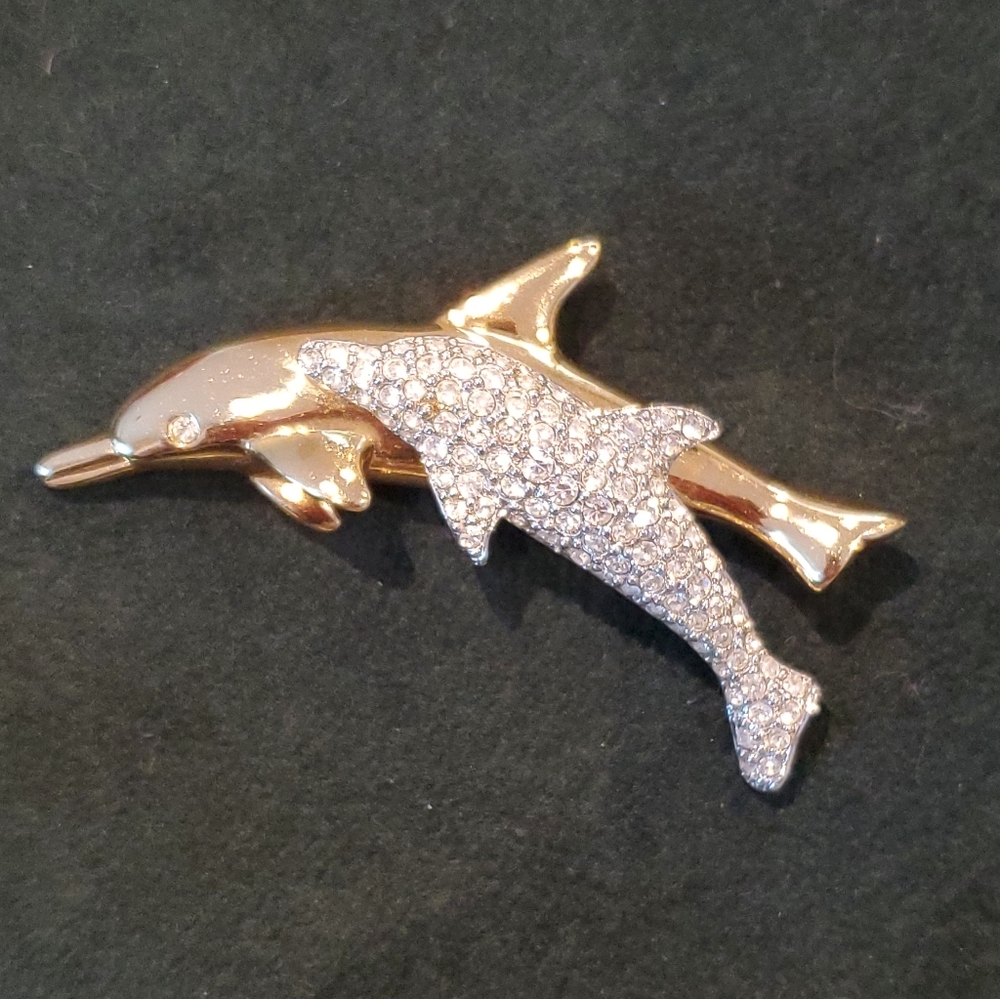 Goldtone and Silvertone Rhinestone Dolphin Pin
